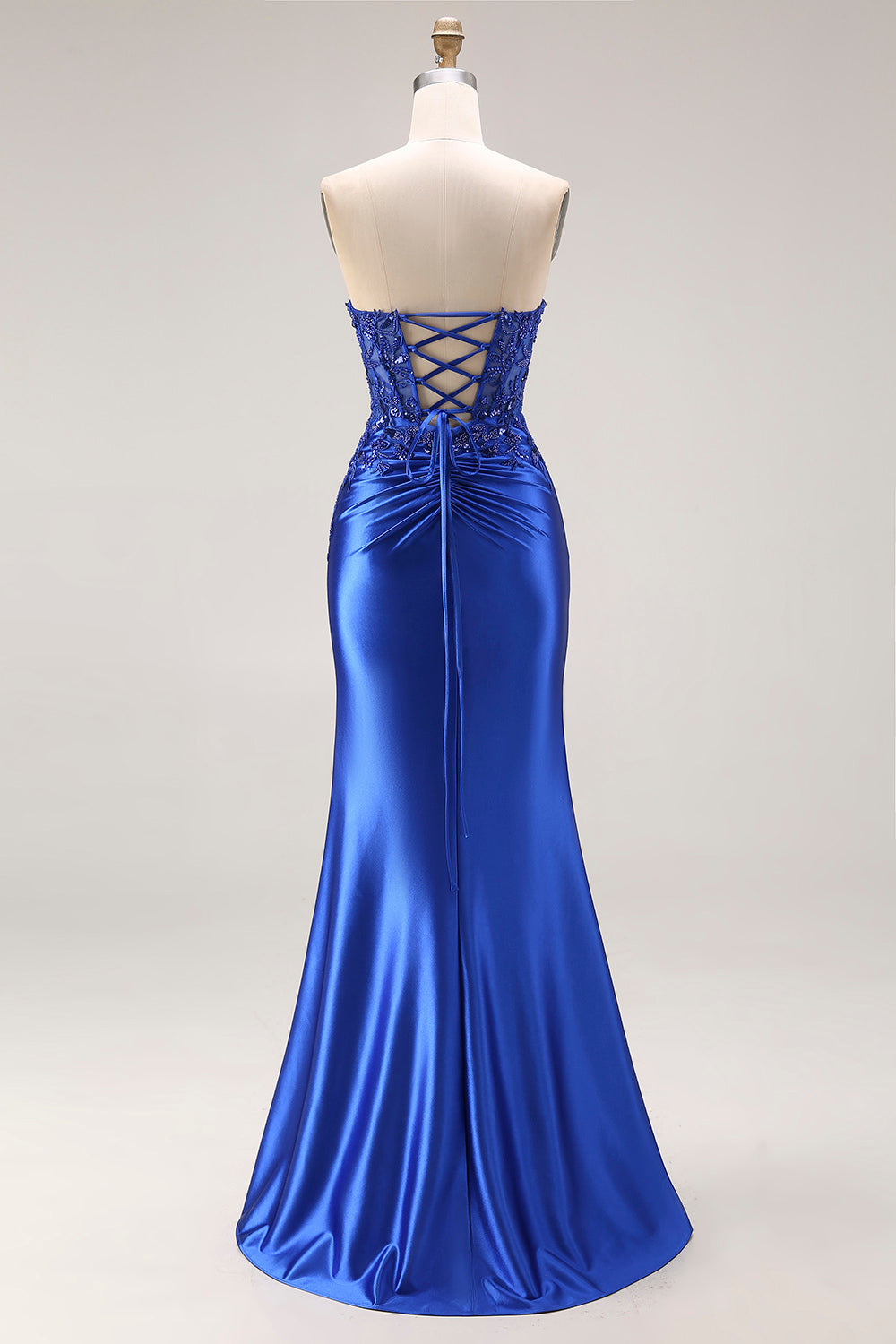 Strapless Mermaid Sparkly Drak Green Satin Beaded Long Prom Dress with Slit