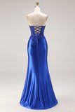 Strapless Mermaid Sparkly Drak Green Satin Beaded Long Prom Dress with Slit