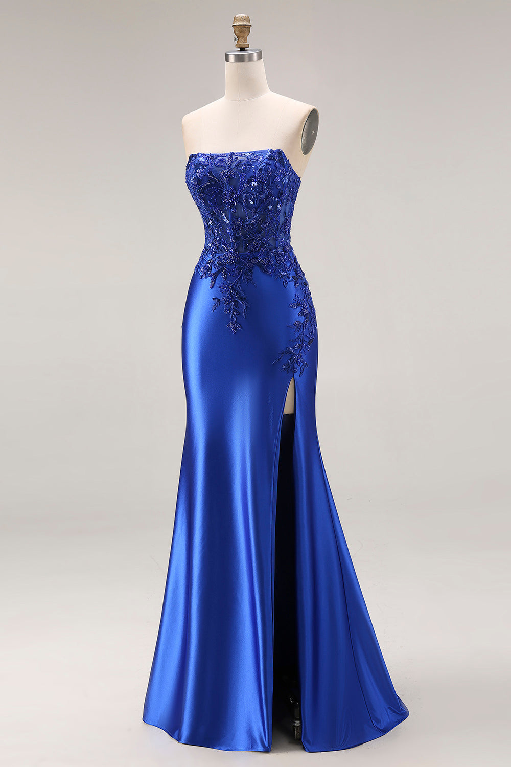Strapless Mermaid Sparkly Drak Green Satin Beaded Long Prom Dress with Slit