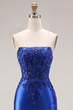 Strapless Mermaid Sparkly Drak Green Satin Beaded Long Prom Dress with Slit