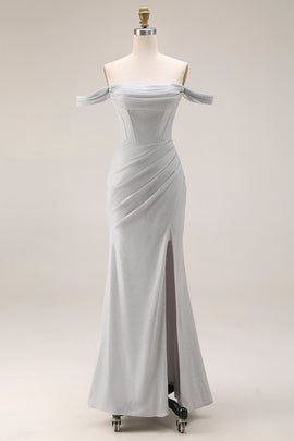 Light Grey Mermaid Off the Shoulder Ruched Long Corset Prom Dress with Slit