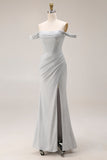 Light Grey Mermaid Off the Shoulder Ruched Long Corset Prom Dress with Slit