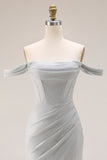 Light Grey Mermaid Off the Shoulder Ruched Long Corset Prom Dress with Slit