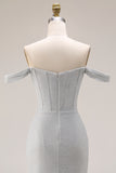 Light Grey Mermaid Off the Shoulder Ruched Long Corset Prom Dress with Slit
