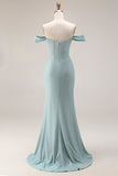 Dusty Green Mermaid Off the Shoulder Long Corset Prom Dress with Slit