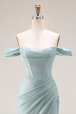 Dusty Green Mermaid Off the Shoulder Long Corset Prom Dress with Slit