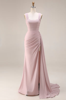 Dark Pink Mermaid Ruched Thick Straps Long Prom Dress with Side Cape