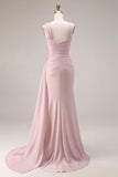 Dark Pink Mermaid Ruched Thick Straps Long Prom Dress with Side Cape