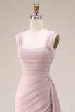 Dark Pink Mermaid Ruched Thick Straps Long Prom Dress with Side Cape