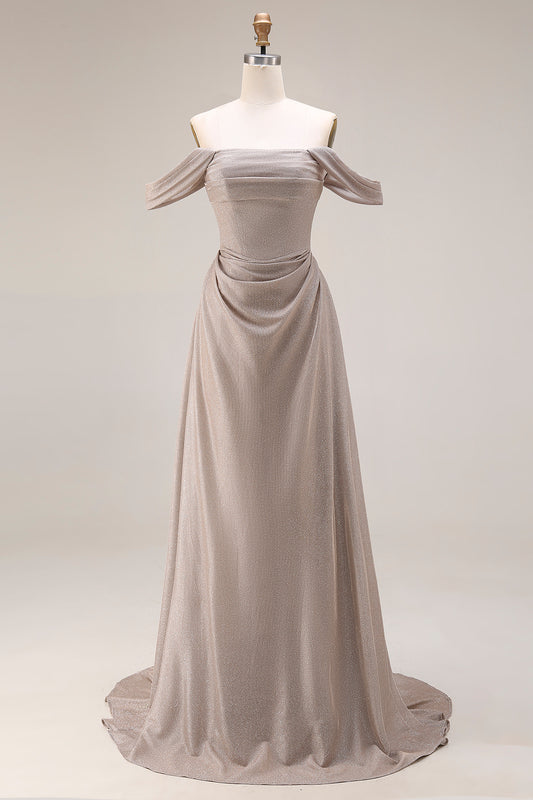 Grey A Line Ruched Off the Shoulder Long Prom Dress