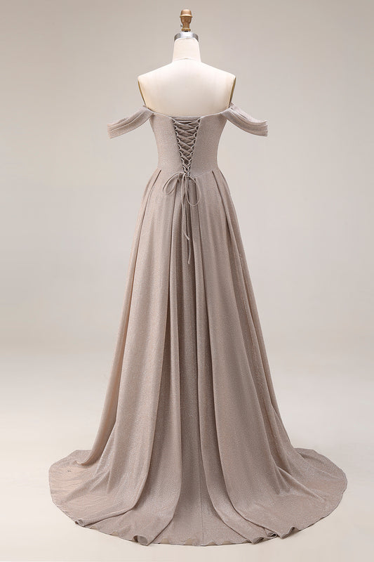 Grey A Line Ruched Off the Shoulder Long Prom Dress