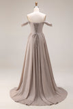 Grey A Line Ruched Off the Shoulder Long Prom Dress