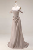 Grey A Line Ruched Off the Shoulder Long Prom Dress