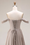 Grey A Line Ruched Off the Shoulder Long Prom Dress