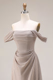 Grey A Line Ruched Off the Shoulder Long Prom Dress