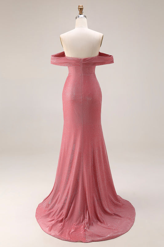 Red Ruched Mermaid Off the Shoulder Long Prom Dress with Slit