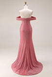 Red Ruched Mermaid Off the Shoulder Long Prom Dress with Slit