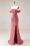 Red Ruched Mermaid Off the Shoulder Long Prom Dress with Slit