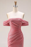 Red Ruched Mermaid Off the Shoulder Long Prom Dress with Slit