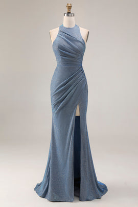 Dusty Blue Halter Neck Mermaid Long Prom Dress with Slit