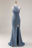 Dusty Blue Halter Neck Mermaid Long Prom Dress with Slit