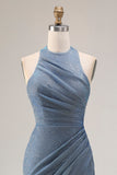 Dusty Blue Halter Neck Mermaid Long Prom Dress with Slit