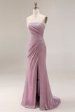 Dusty Plum Strapless Mermaid Glitter Long Prom Dress with Slit