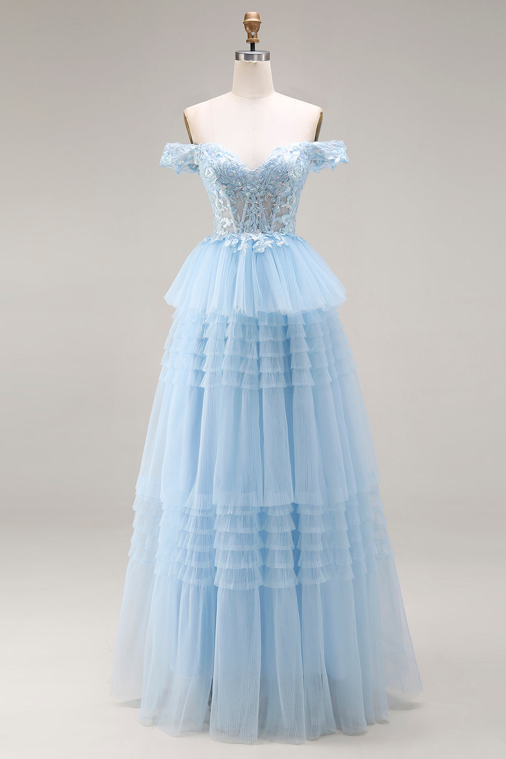 Floral Sky Blue A Line Tulle Tiered Long Prom Dress with Appliques