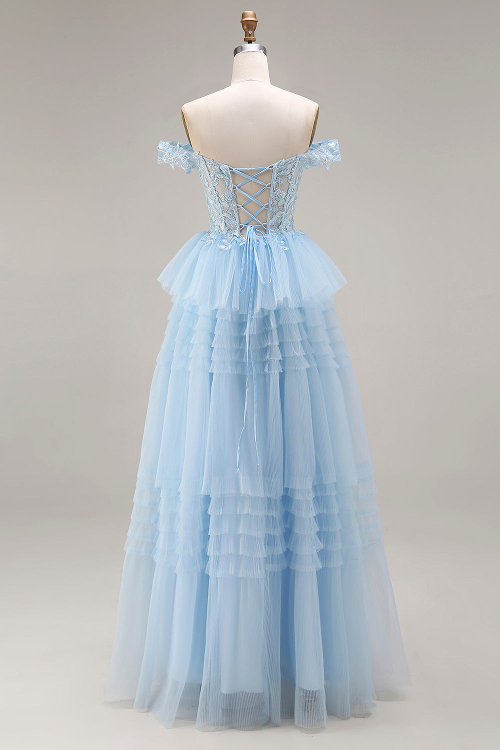 Floral Sky Blue A Line Tulle Tiered Long Prom Dress with Appliques