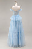 Floral Sky Blue A Line Tulle Tiered Long Prom Dress with Appliques