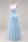 Floral Sky Blue A Line Tulle Tiered Long Prom Dress with Appliques