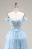 Floral Sky Blue A Line Tulle Tiered Long Prom Dress with Appliques