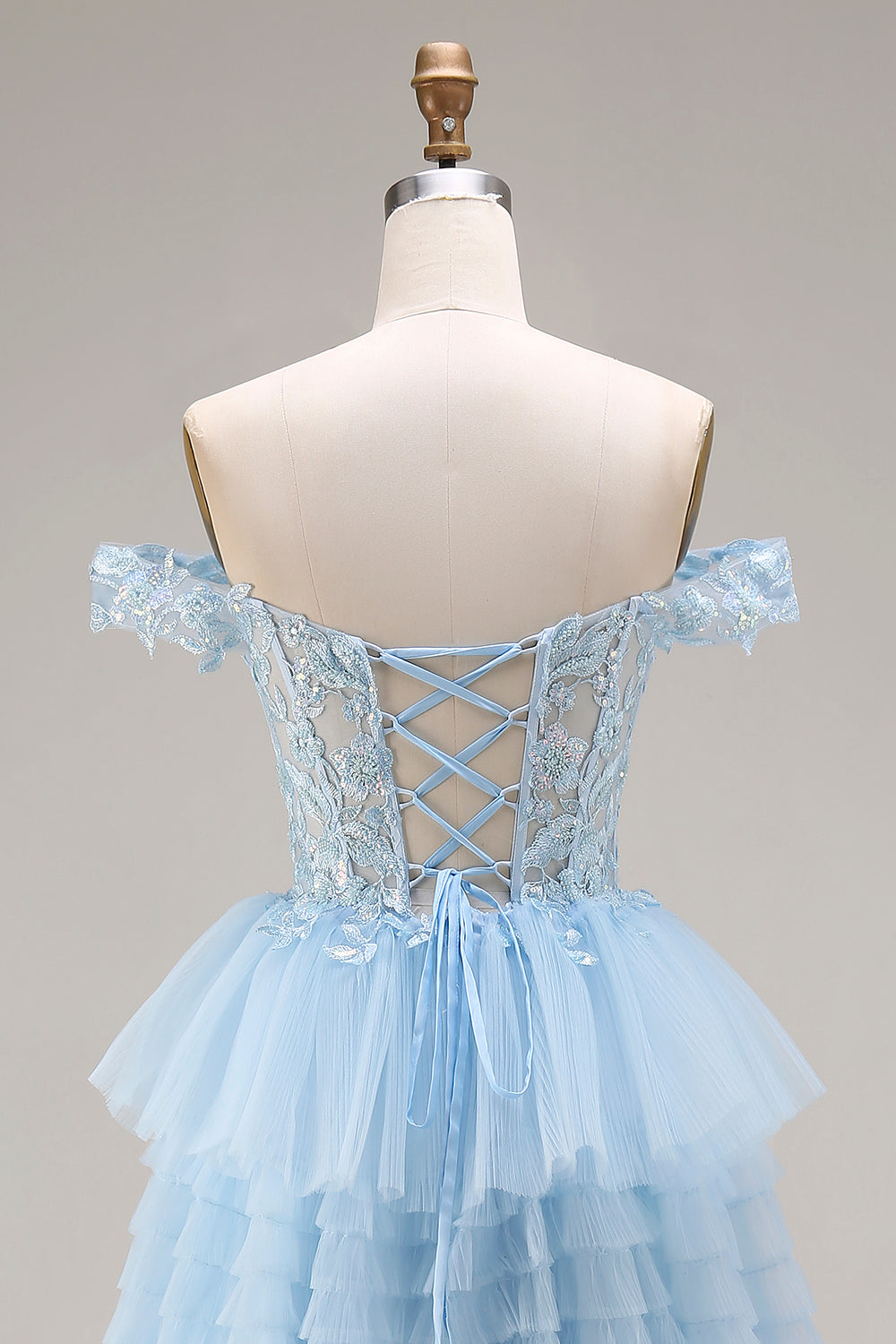 Floral Sky Blue A Line Tulle Tiered Long Prom Dress with Appliques