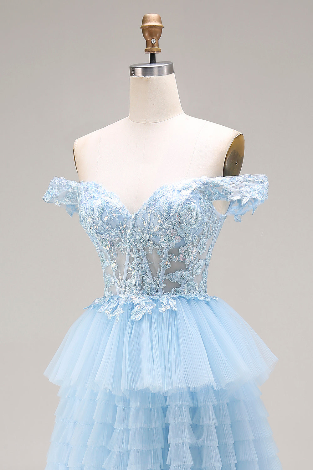 Floral Sky Blue A Line Tulle Tiered Long Prom Dress with Appliques