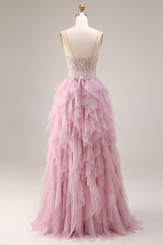 Sparkly Dusty Pink Beaded Spaghetti Straps Tulle A Line Tiered Long Prom Dress with Ruffles
