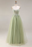 Spaghetti Straps Corset Light Green A Line Appliqued Tulle Long Prom Dress