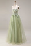 Spaghetti Straps Corset Light Green A Line Appliqued Tulle Long Prom Dress