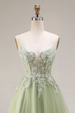 Spaghetti Straps Corset Light Green A Line Appliqued Tulle Long Prom Dress
