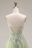 Spaghetti Straps Corset Light Green A Line Appliqued Tulle Long Prom Dress