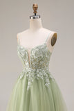 Spaghetti Straps Corset Light Green A Line Appliqued Tulle Long Prom Dress