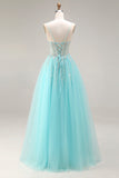 Sparkly Mint A Line Tulle Beaded Long Corset Prom Dress