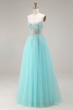 Sparkly Mint A Line Tulle Beaded Long Corset Prom Dress