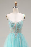Sparkly Mint A Line Tulle Beaded Long Corset Prom Dress