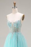 Sparkly Mint A Line Tulle Beaded Long Corset Prom Dress