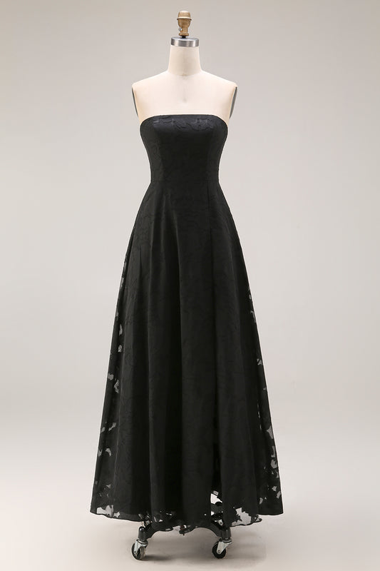 Strapless A Line Black Lace Long Prom Dress