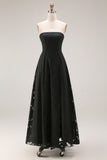 Strapless A Line Black Lace Long Prom Dress
