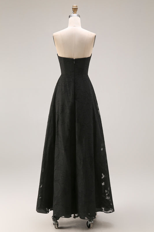 Strapless A Line Black Lace Long Prom Dress