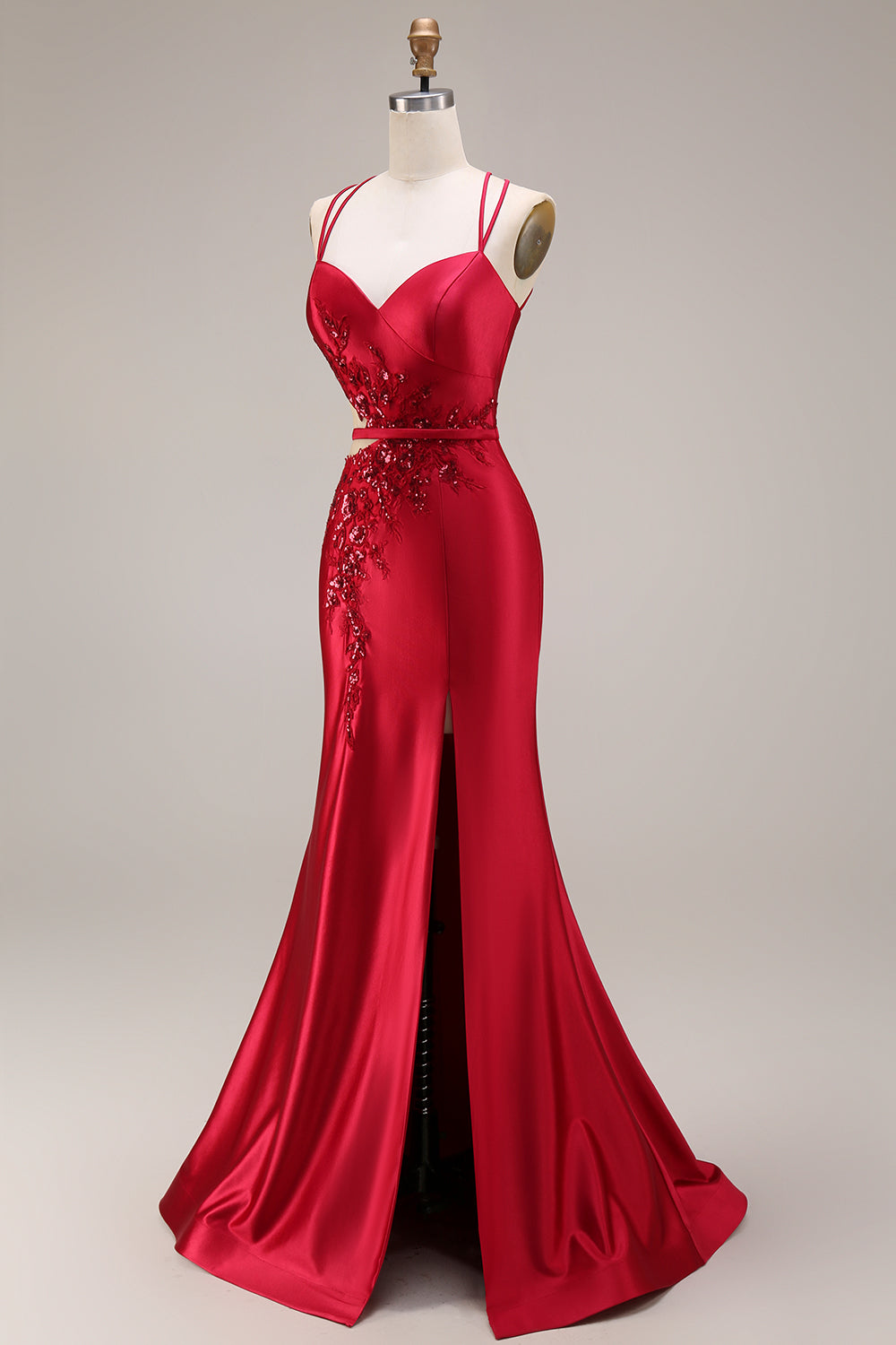 Sparkly Red Satin Mermaid Appliqued Cut Out Long Prom Dress with Slit