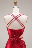 Sparkly Red Satin Mermaid Appliqued Cut Out Long Prom Dress with Slit