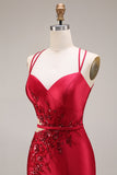Sparkly Red Satin Mermaid Appliqued Cut Out Long Prom Dress with Slit